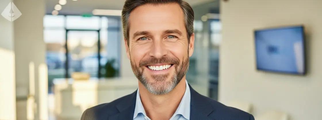 Confident man with a perfect smile thanks to dental implants in NJ by Dr. Carranza