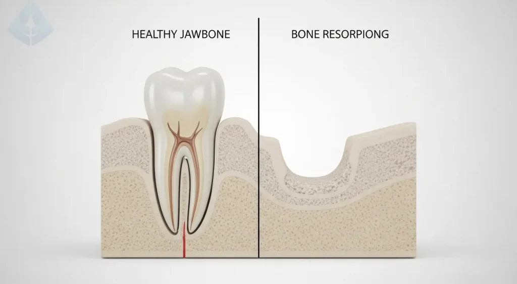 A diagram comparing a healthy jawbone with one experiencing bone resorption due to a missing tooth