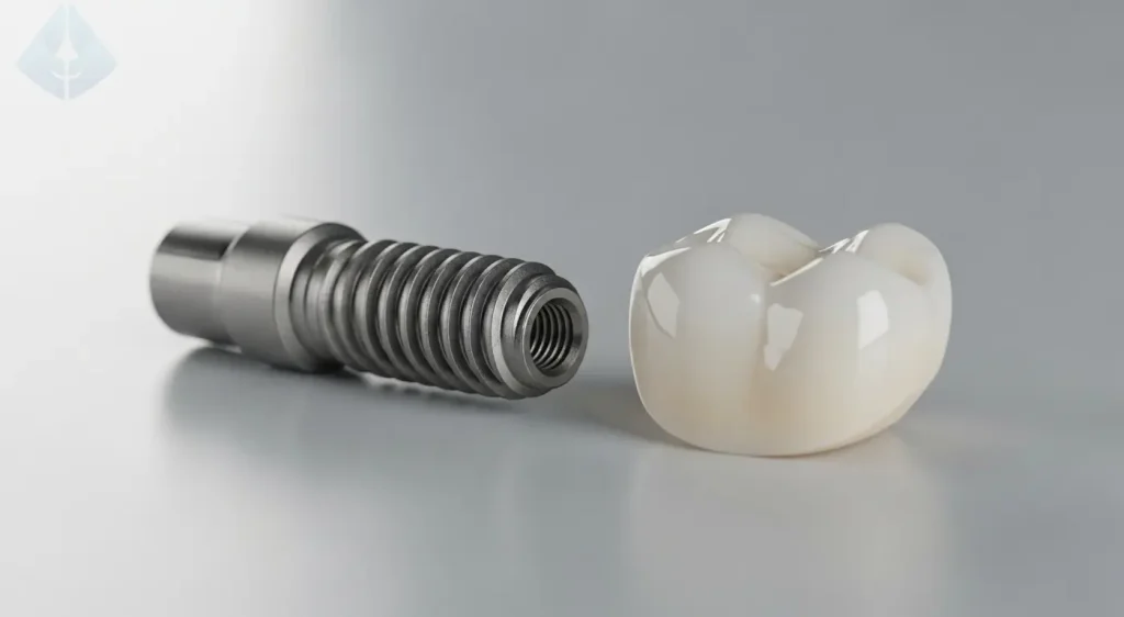 A high-quality dental implant and crown, representing a modern solution for replacing a missing tooth