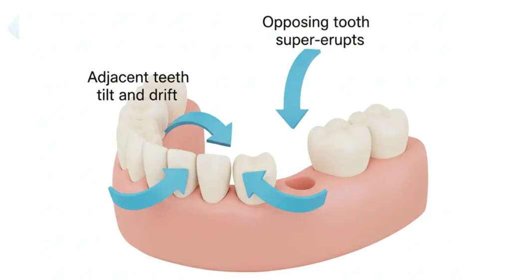 3D model showing how adjacent and opposing teeth shift and migrate into the gap left by a missing tooth