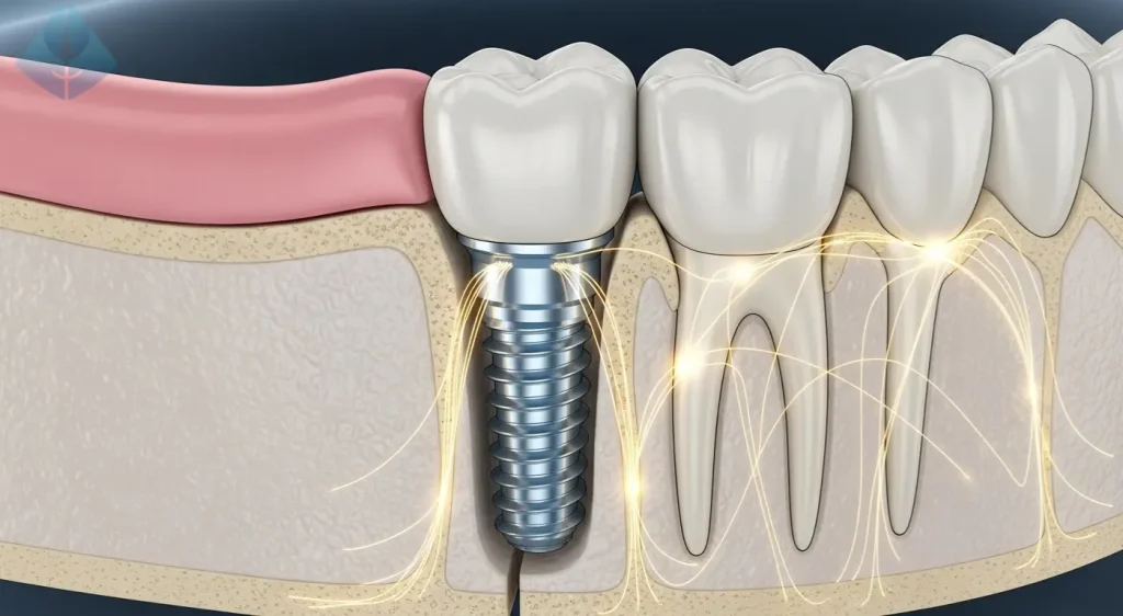 Scientific illustration of osseointegration, the process where a dental implant fuses with the jawbone to stop bone loss