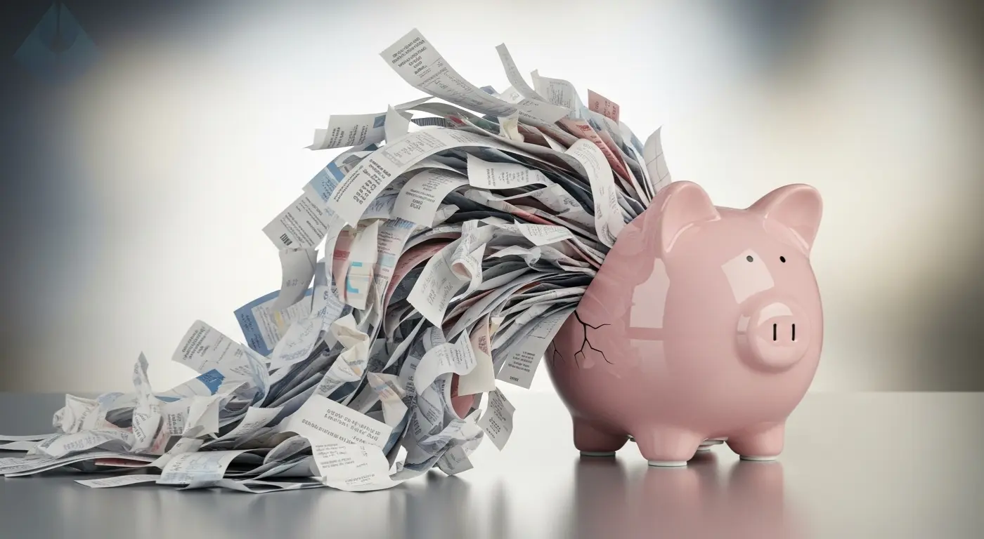 A piggy bank with a crack symbolizing a missing tooth, leading to an overwhelming pile of future medical bills