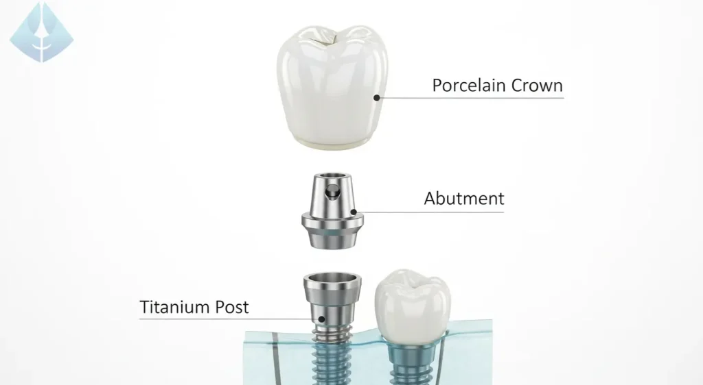 A 3D diagram showing the three parts of a dental implant: the titanium post, abutment, and porcelain crown