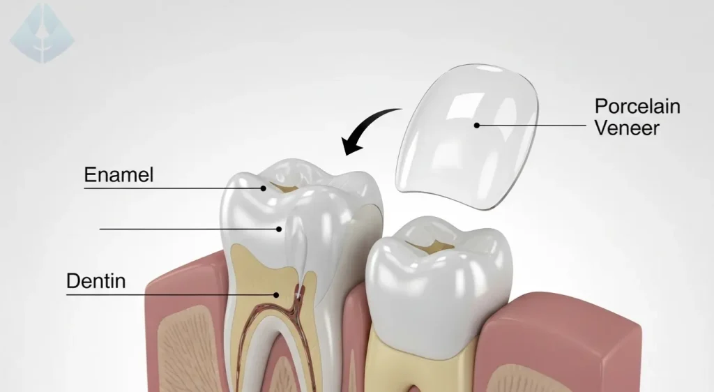 Diagram showing how a porcelain veneer can protect dental enamel from erosion