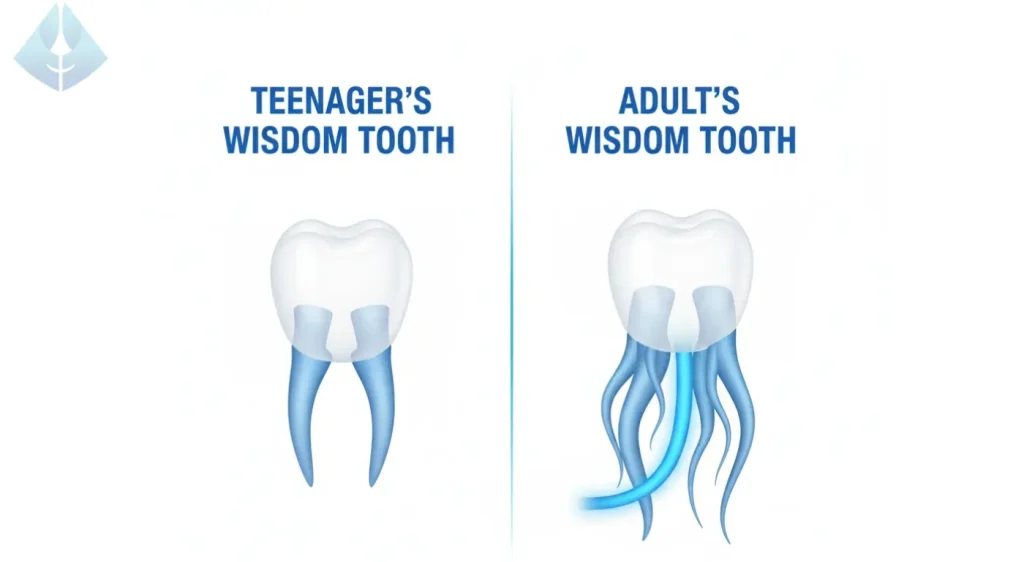 3D dental infographic comparing teen vs. adult wisdom tooth roots for a complex wisdom tooth extraction