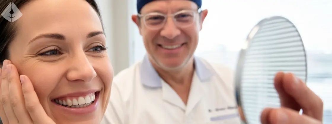 A happy patient looking at her new smile after a painless veneer process with cosmetic dentist Dr. Aristo Carranza.