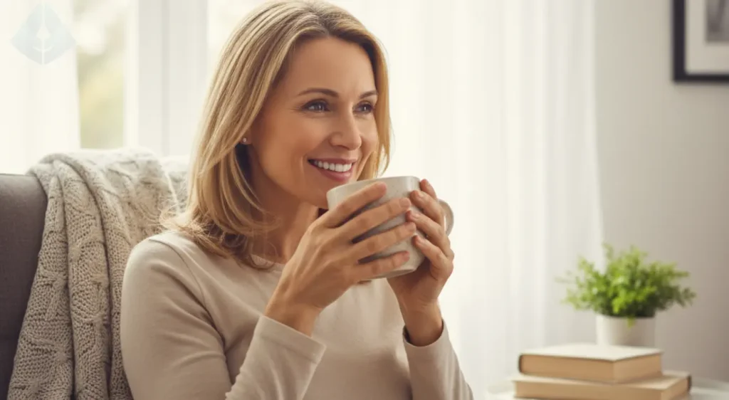 A smiling woman feeling comfortable and free of sensitivity shortly after her final veneer placement.