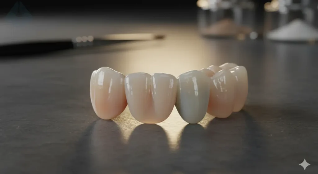 A close-up of custom-made porcelain crowns, showcasing the cosmetic dentistry artistry of Dr. Carranza.