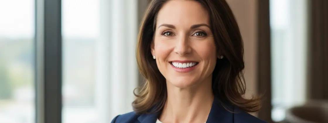 A confident 45-year-old woman showcasing her perfect porcelain veneers from Smile Design NJ.