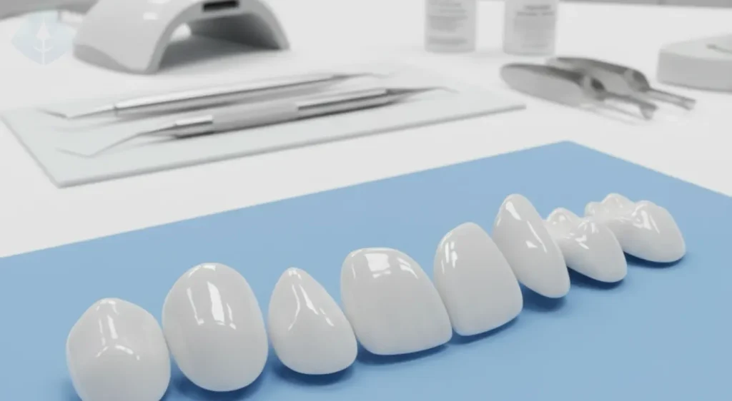 A set of high-quality, custom-made porcelain veneers ready for the bonding process.
