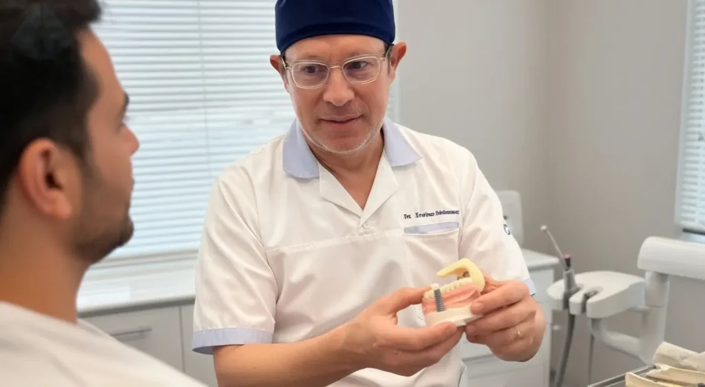 Dr. Aristo Carranza explaining the dental implant procedure to a patient in his Westfield, NJ office.