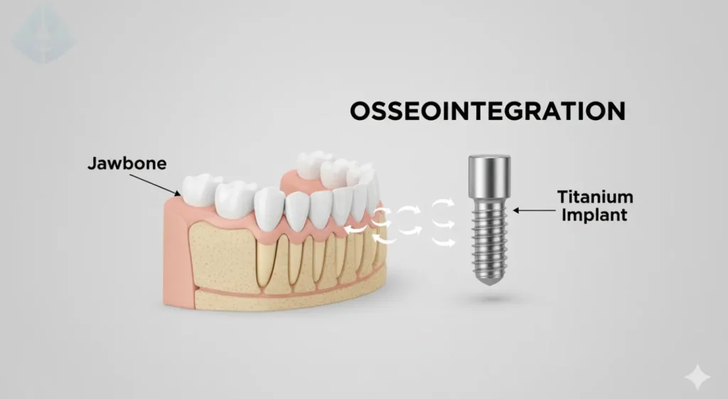 A 3D diagram illustrating how a dental implant fuses with the jawbone, addressing bone density loss for dental implants