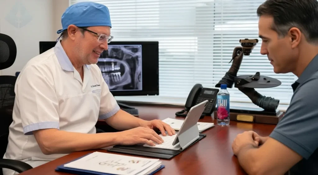 Expert cosmetic dentist Dr. Aristo Carranza discussing a smile design plan with a patient at his Westfield, NJ clinic.