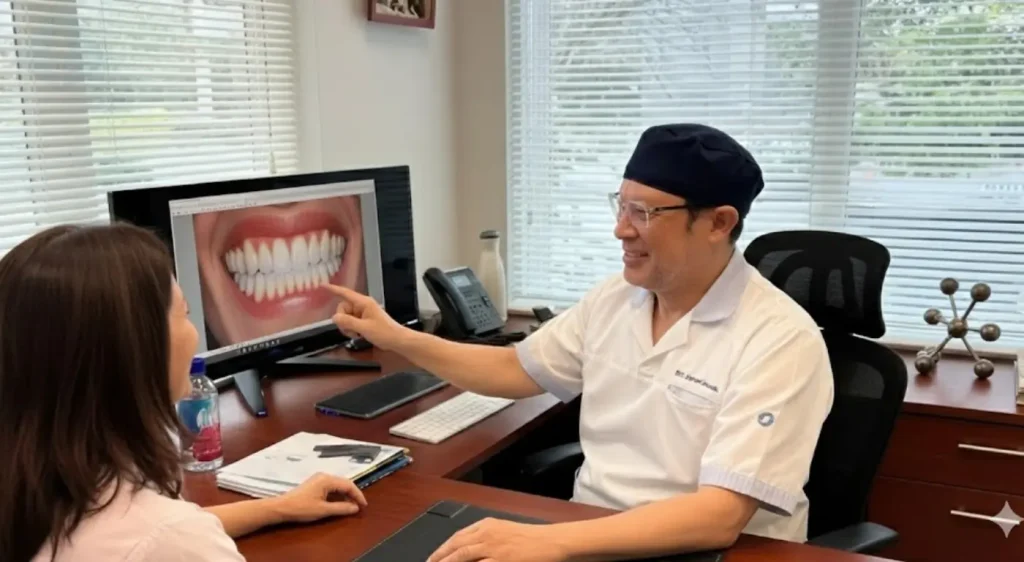 A cosmetic dentist and patient reviewing a digital smile preview for porcelain veneers in a Westfield clinic.