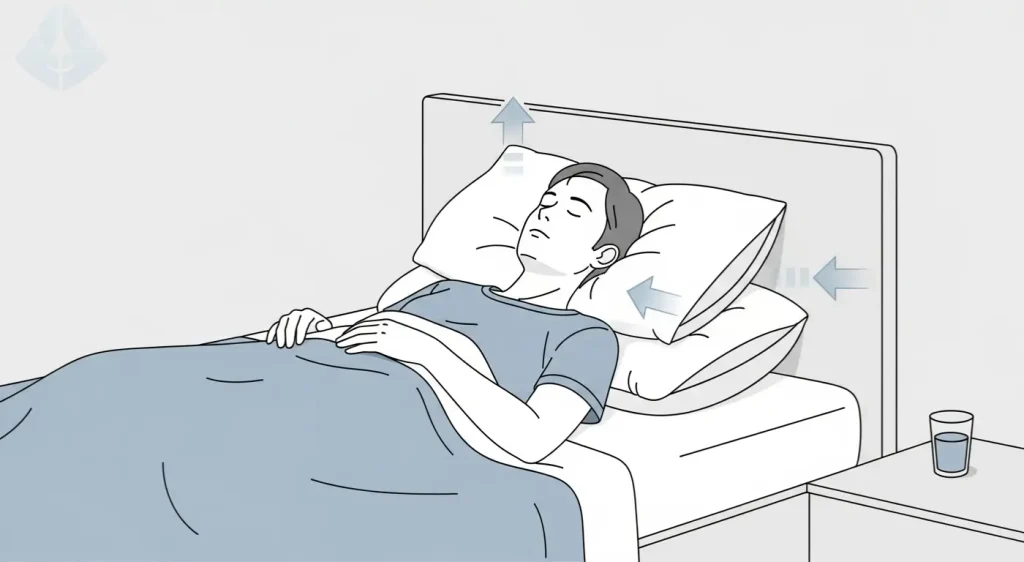 An informative illustration showing the correct elevated sleeping position with pillows to reduce swelling after a tooth extraction.