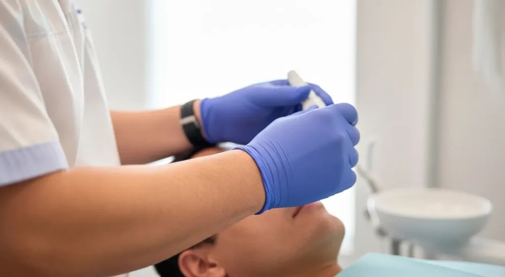 A cosmetic dentist carefully administering local anesthesia to ensure a completely painless veneer procedure.
