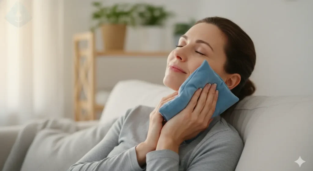 A person gently applying a cloth-wrapped ice pack to their jaw to reduce swelling after a tooth extraction.