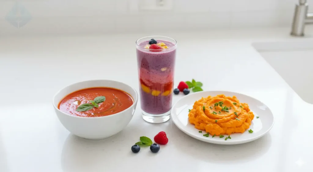 A flat-lay of nutritious soft foods for healing after tooth extraction, including a smoothie, soup, and mashed sweet potatoes.