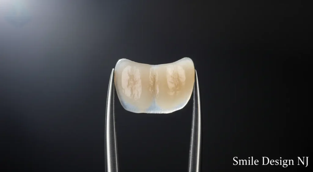 A close-up of a custom-fabricated porcelain veneer demonstrating its translucency and quality.
