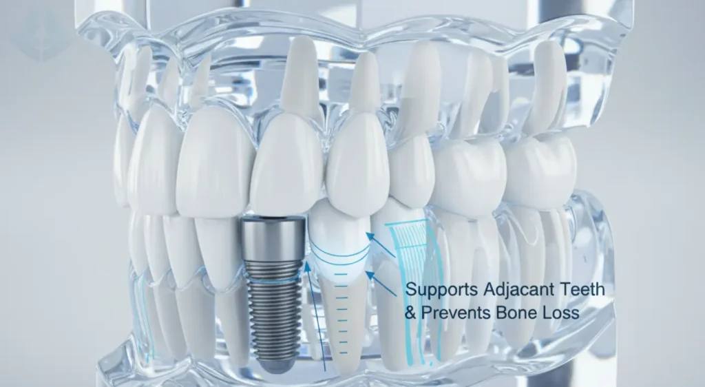 An educational model showing a dental implant preserving jawbone structure, a key health benefit