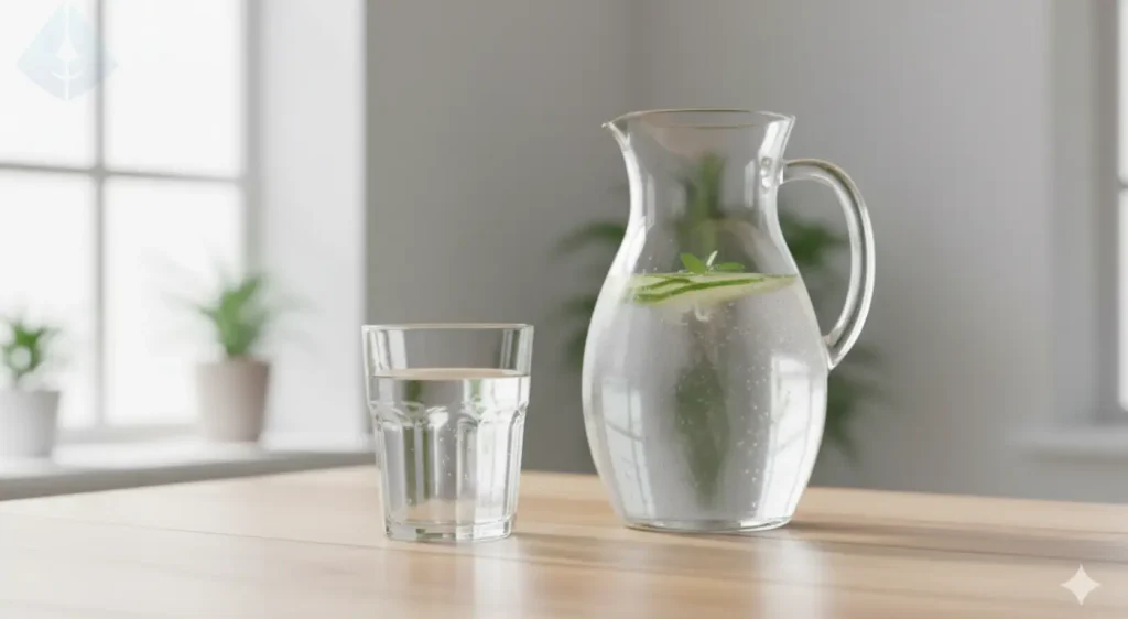 A refreshing glass of water and a pitcher, symbolizing the importance of hydration for healing after a dental procedure.