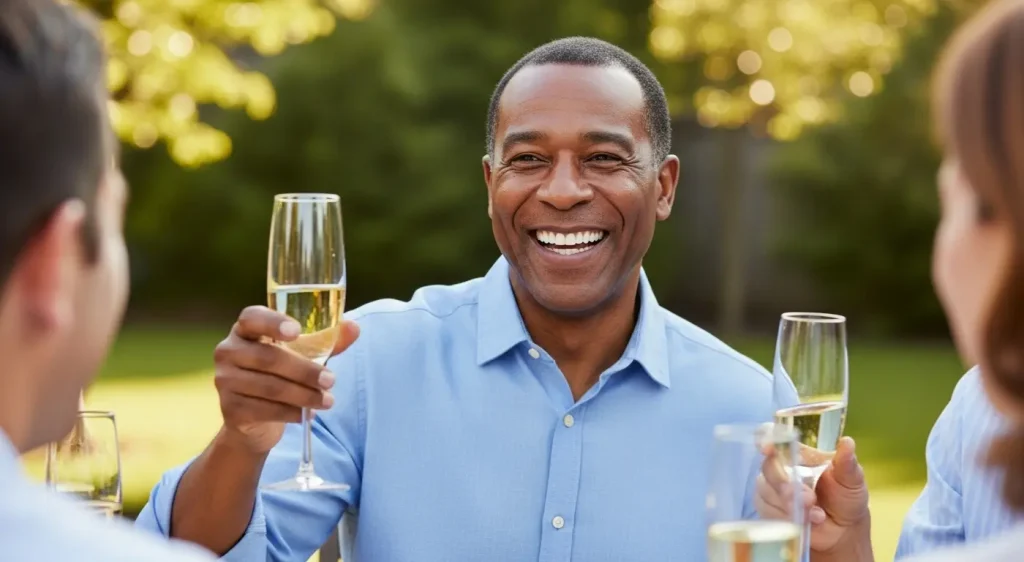 A man enjoying a family event, laughing confidently with his beautiful porcelain veneers.