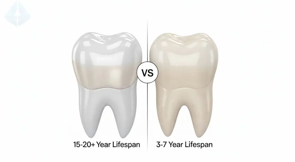 A 3D graphic comparing the long-term durability of porcelain veneers against composite veneers.