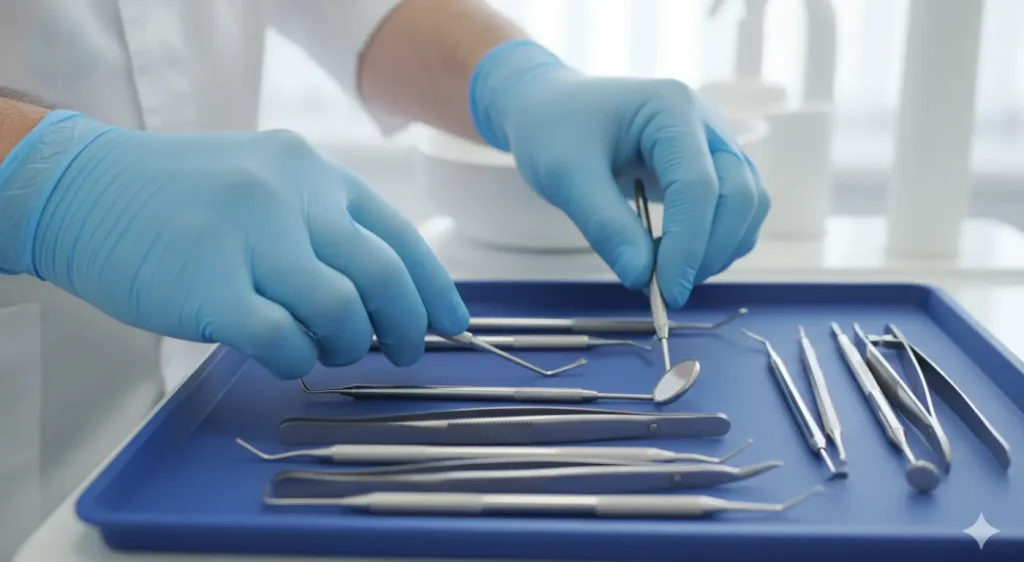The gloved hands of a dental professional organizing sterile instruments, representing expertise and safety in oral surgery.
