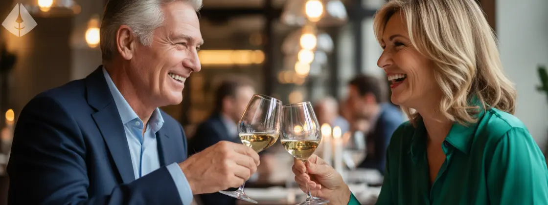 A senior couple with beautiful smiles, candidates for dental implants for seniors in Westfield, enjoying dinner