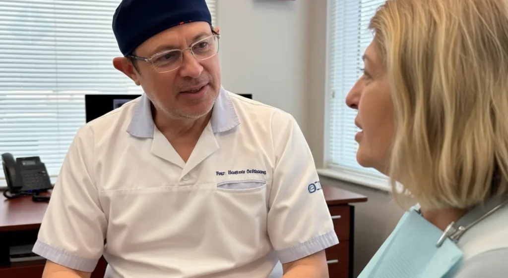 Dr. Carranza discussing the age for dental implants with a senior patient in his Westfield office.