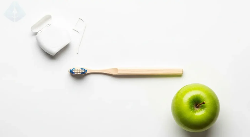 A toothbrush and floss next to a healthy apple, symbolizing the simple daily care needed for dental implants.