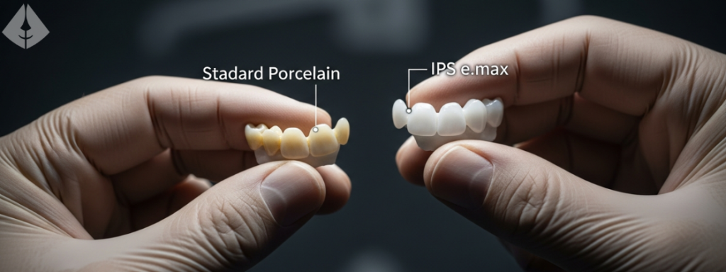 Dull standard veneer vs. bright high-quality e.max porcelain veneer.