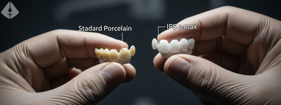 Dull standard veneer vs. bright high-quality e.max porcelain veneer.