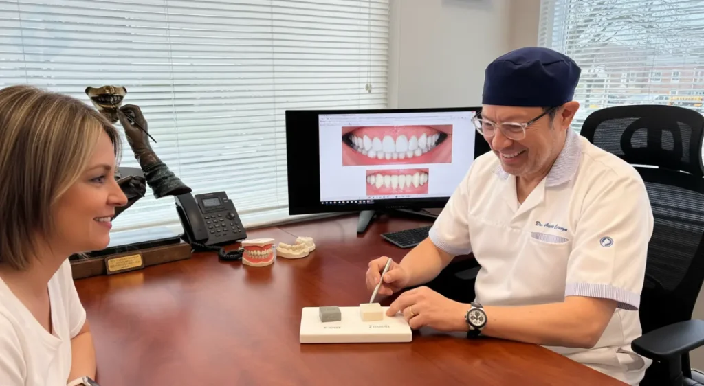 Dr. Aristo Carranza of Smile Design NJ explains the benefits of choosing high-quality ceramic for dental veneers to a patient.