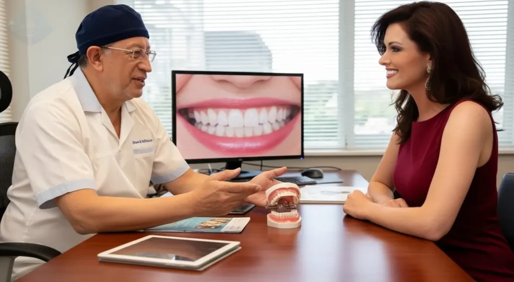 Dr. Aristo Carranza of Smile Design NJ discussing cosmetic dentistry options for crowded teeth with a patient.