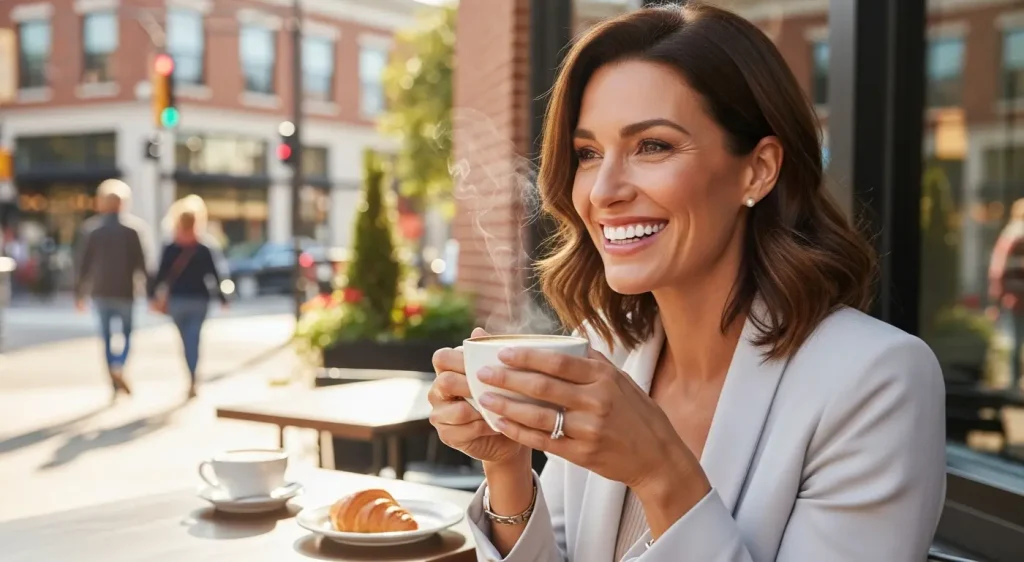 A woman with a beautiful, white smile from porcelain veneers confidently drinks coffee in Westfield, NJ.