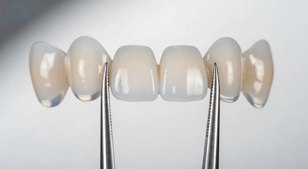 A close-up photo of custom-made porcelain veneers, an alternative to braces for crowded teeth.