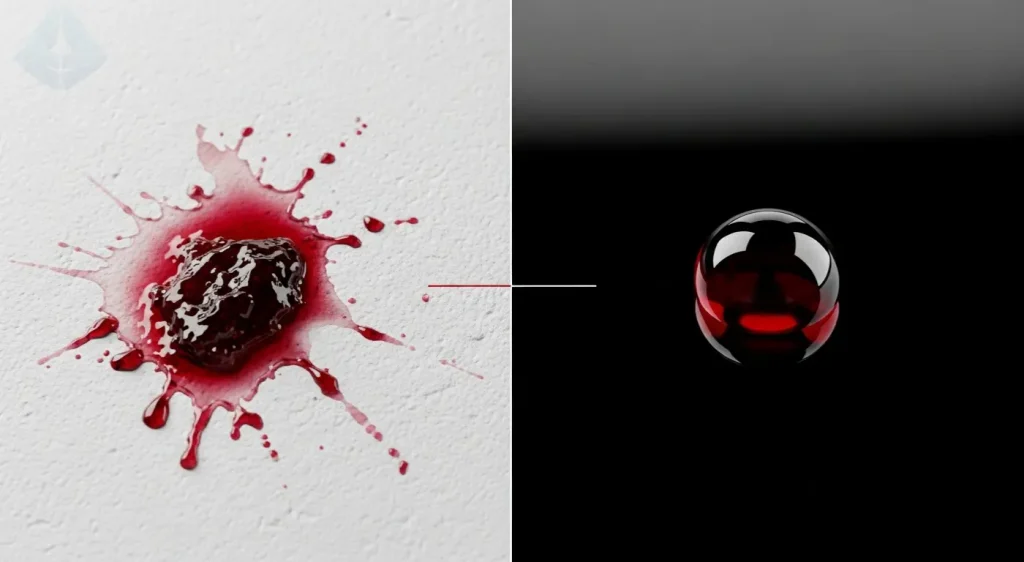 Diagram showing how stain-causing liquids are repelled by high-quality dental porcelain but absorbed by lower-grade materials.