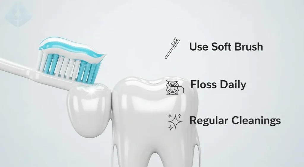 An image illustrating the proper oral hygiene steps to prevent stains on porcelain dental restorations.