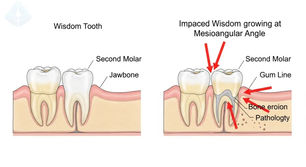 Diagram showing a healthy wisdom tooth versus an impacted wisdom tooth causing potential damage to nearby teeth.