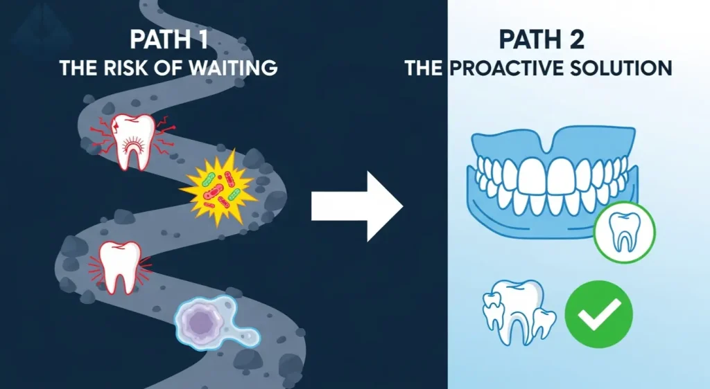 A table comparing the negative outcomes of leaving impacted wisdom teeth versus the positive results of extraction.