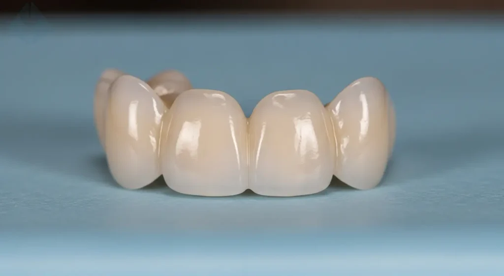 Close-up of a flawless IPS e.max lithium disilicate veneer known for its natural look and stain resistance.