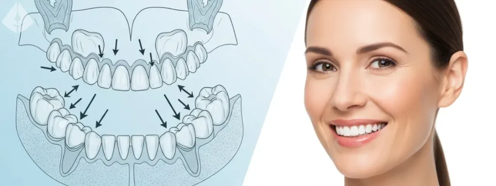 A diagram comparing the myth of wisdom teeth pressure to the beautiful result of cosmetic dentistry for crowding.