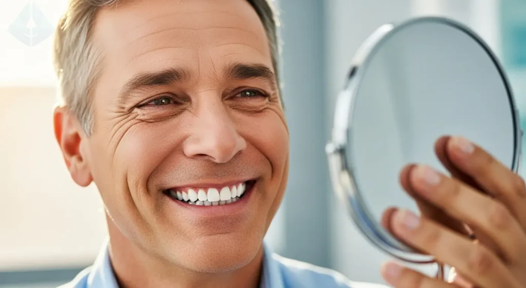 Patient admiring their new smile after a makeover consultation and treatment