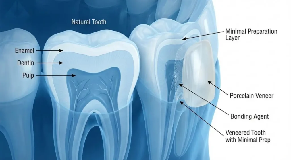 Cross section diagram showing structure of teeth under veneers