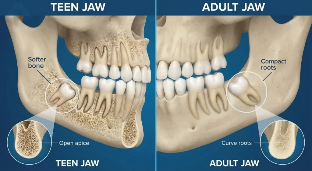 Illustration showing bone density and root formation differences for impacted wisdom teeth extraction in adults NJ.