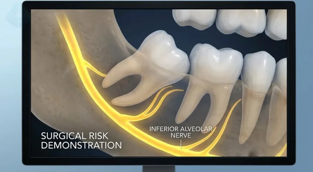 Digital rendering showing nerve proximity during impacted wisdom teeth extraction in adults NJ.