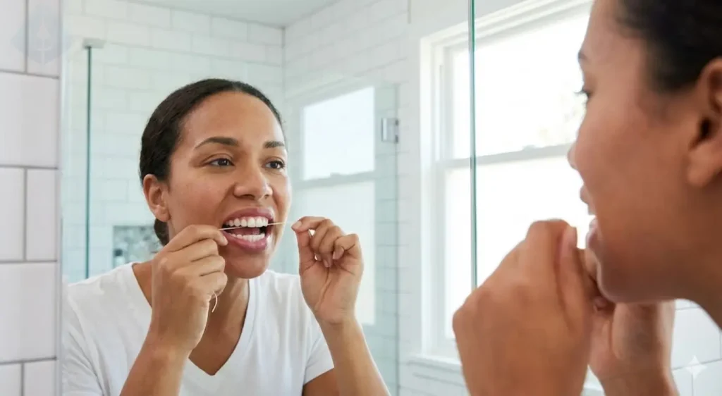 Patient flossing to protect teeth under veneers from decay