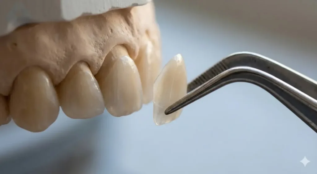Ultra thin porcelain veneer showing minimal impact on teeth under veneers