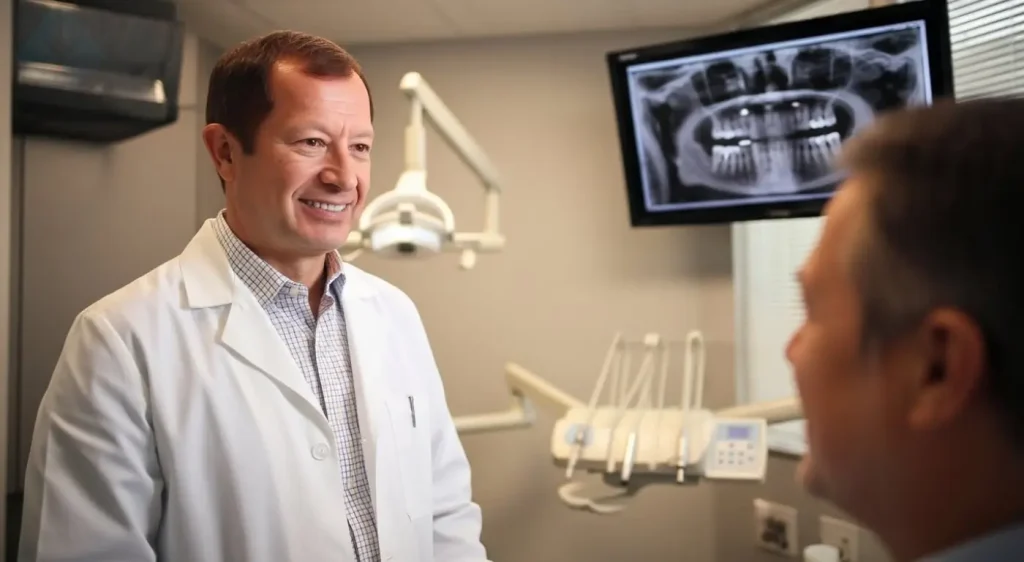 Dr Carranza explaining professional dental implant maintenance needs to a patient